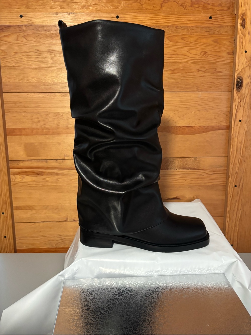 Tall Black Slouch Leather Boots - Women